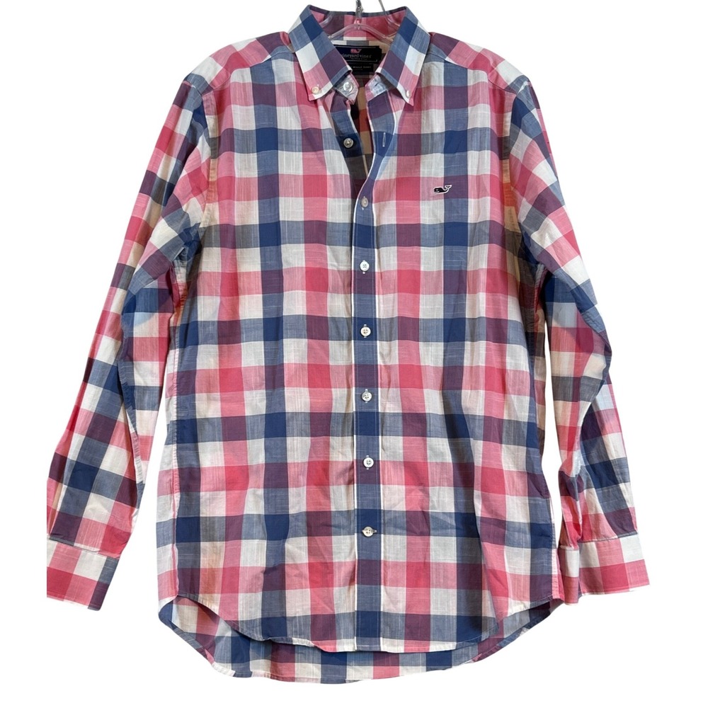 Vineyard Vines Slim Fit Whale Shirt Mens Med. Pink Blue Plaid Cotton Long Sleeve